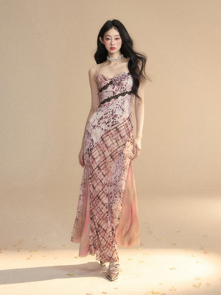 華やかなレースの花柄装飾柄ピンクヒョウ柄トリムスリップドレス