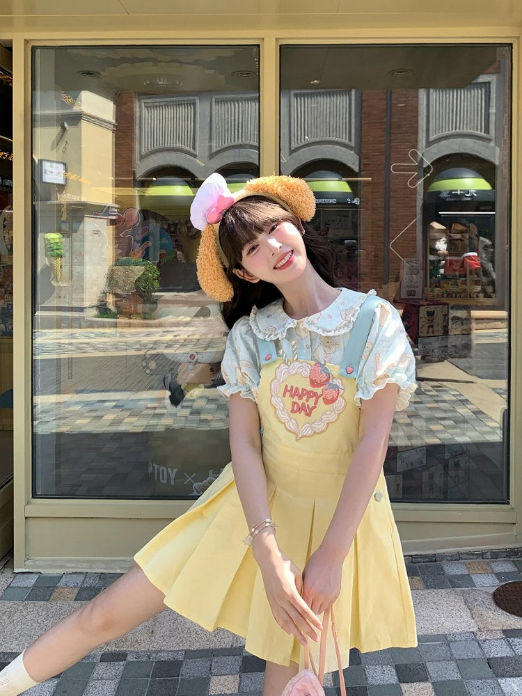 Strawberry Embroidery Yellow Box Pleat Overall Dress Sweet