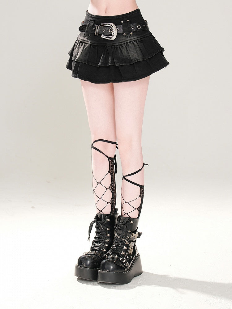 Free Tiered Skirt Belt Buckle Lined with Black Denim Glamorous