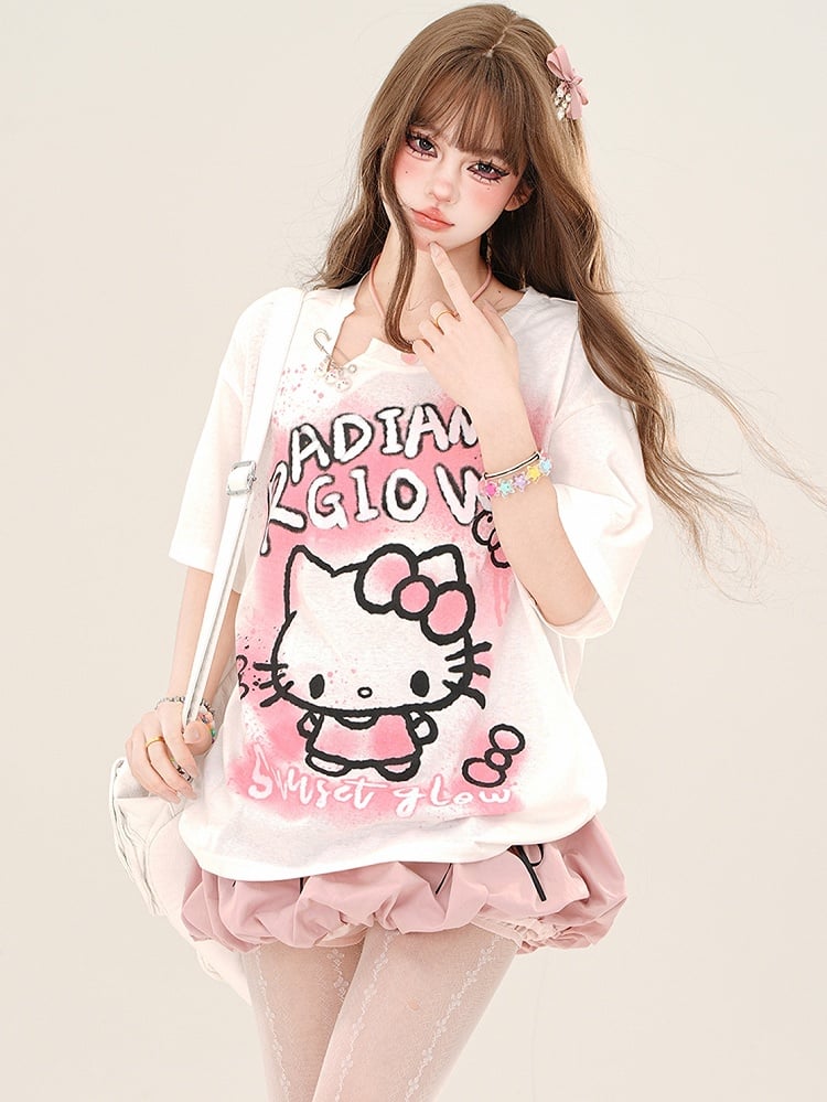 Lockeres T-Shirt mit Kätzchen-Print in Rosa/Weiß
