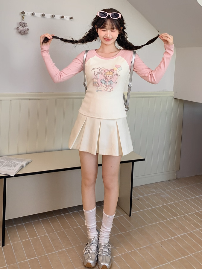 Top and Pink Slim-fitting Cartoon Girl Print Apricot Colorblock Design