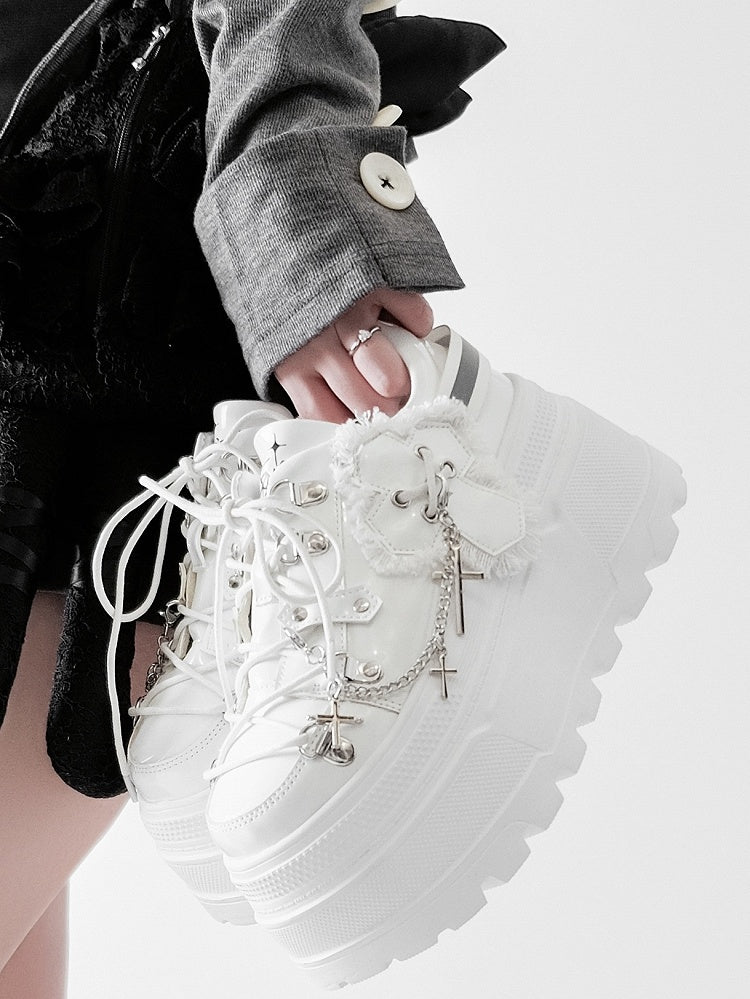 Ties Platform Detachable Punk Chain Shoes Design White Cross Lace-up Charm Front With