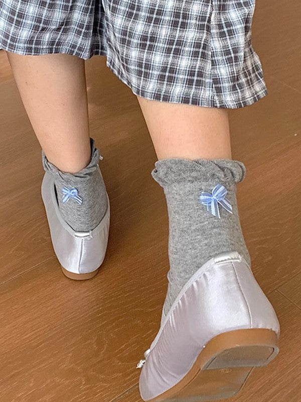 Details Pink/Blue/Black/White/Yellow/Gray Bowknot Calf Ruffled Socks Cuff