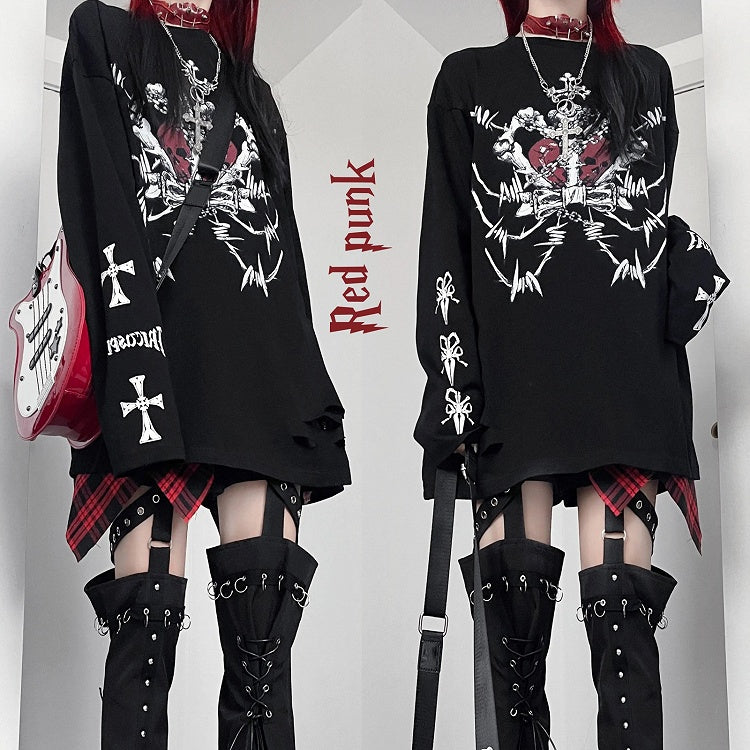 Top Emo Cross And Long Letter Black Sleeves Print Punk