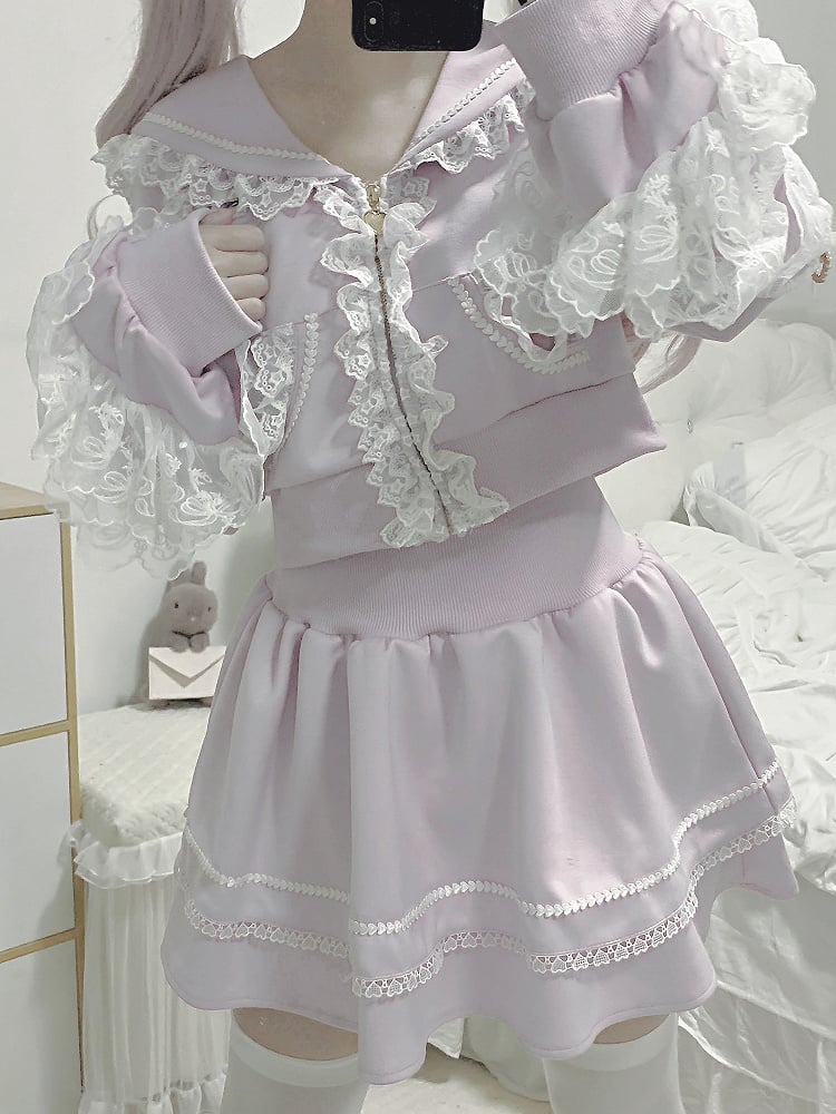 Light Lace Ruffled Hoodie+Lined Closure Jirai Kei Trim Skirt Zip Collar Purple Sports Set- Sailor