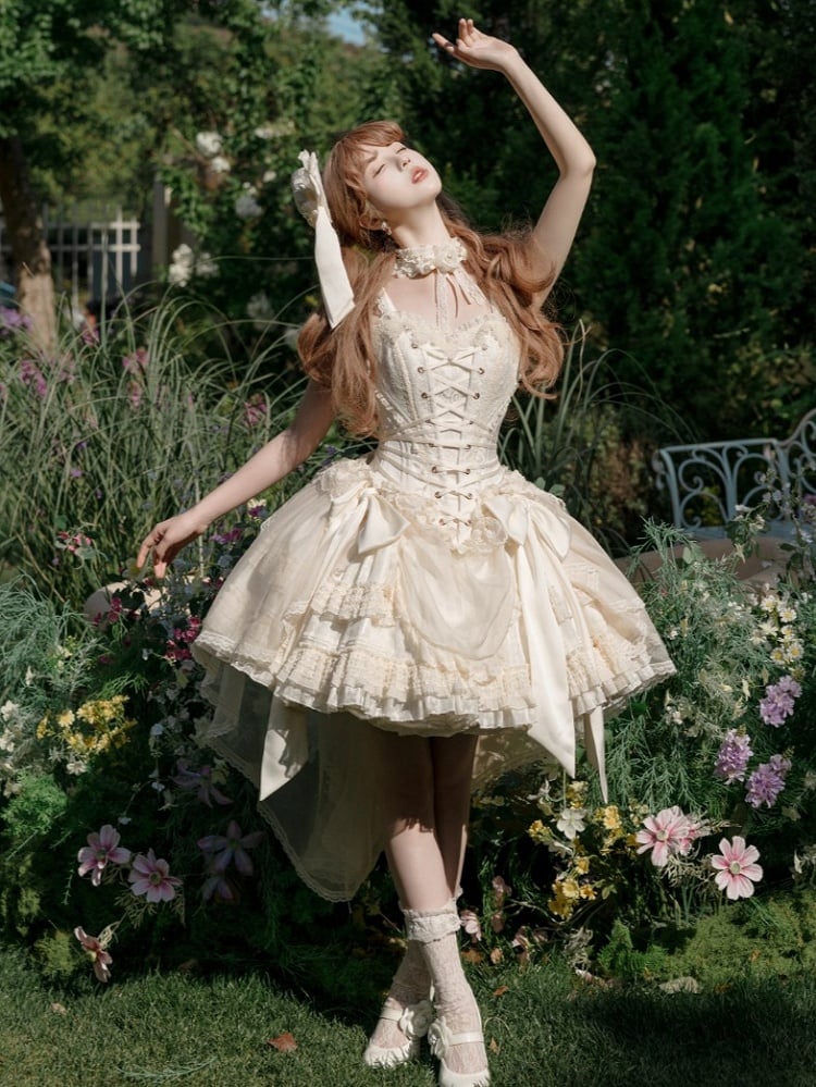 + Top Set Creamy Elegant Balletcore Skirt Lolita High-low Overlay Corset - Boned
