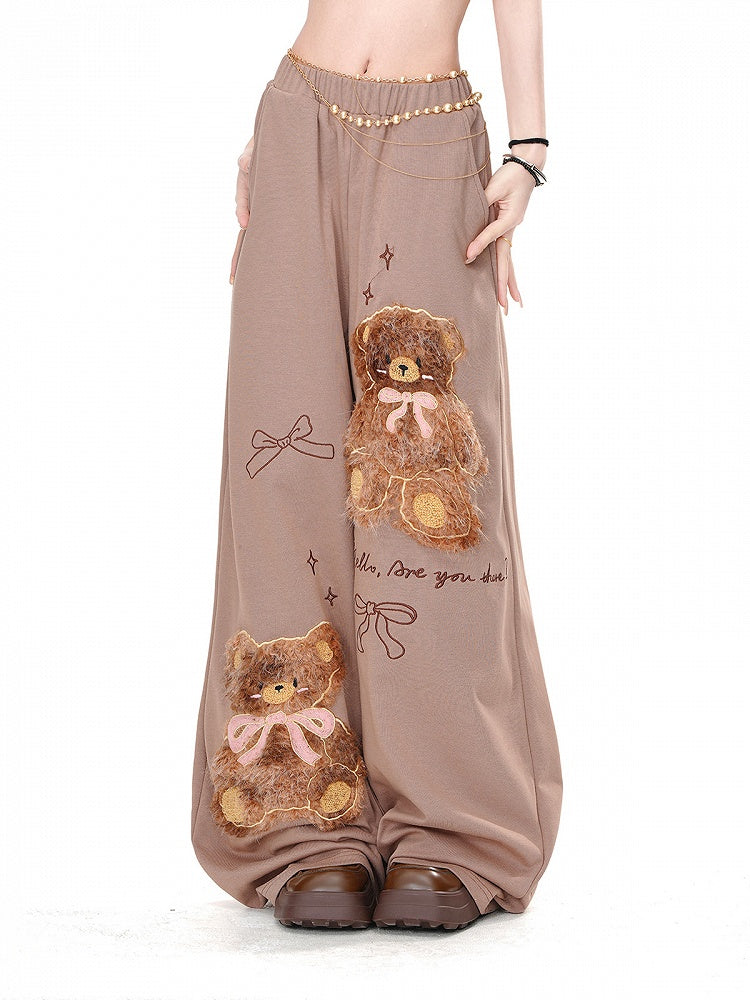 Wide-Leg Pants Detail Loose Teddy Bear Bowknots Brown Plush