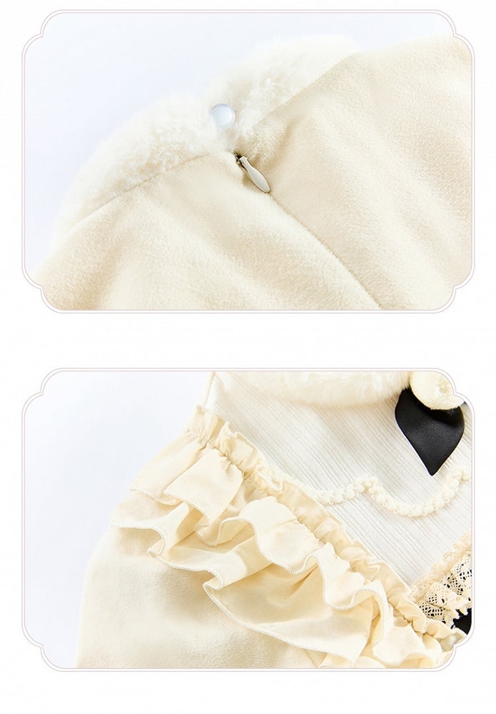 and Neckline Beige Long Sleeves Cuffs Lolita Floral Plush Dress Bodice Embroidery