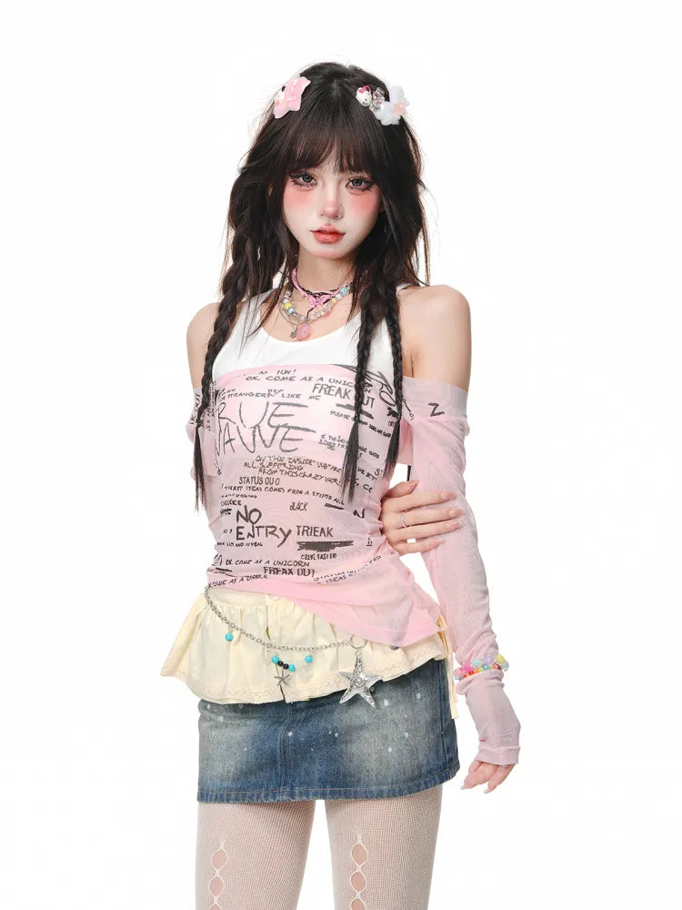 Black/Pink Top Graffiti Fake Two-pieces Halter Neck