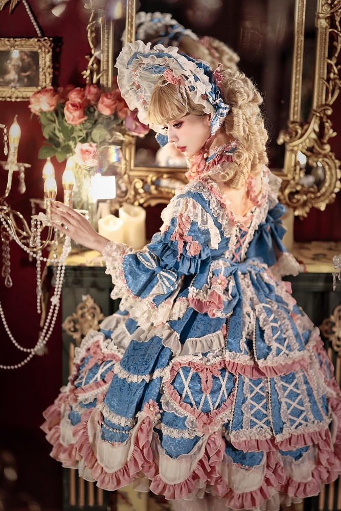 Blue Hanayome Rosette Embroidery Floral and Bead Chain Details Lolita OP Full Set