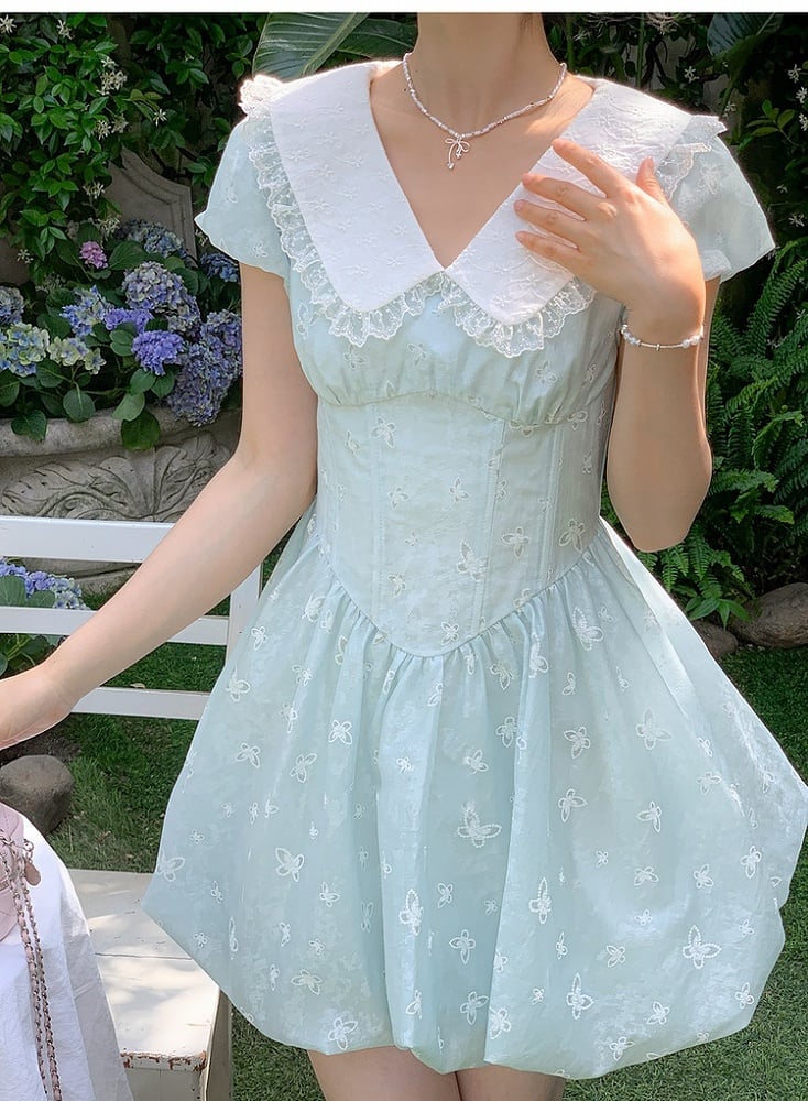 Bubble Blue Peter Pan Collar Basque Waist Allover Butterfly Embroidery Skirt Dress