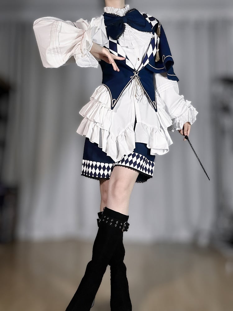 Blue Circus with Vibes Diamond Lolita Pattern Waistcoat Ouji Notched One-Shoulder Dark Collar Cape