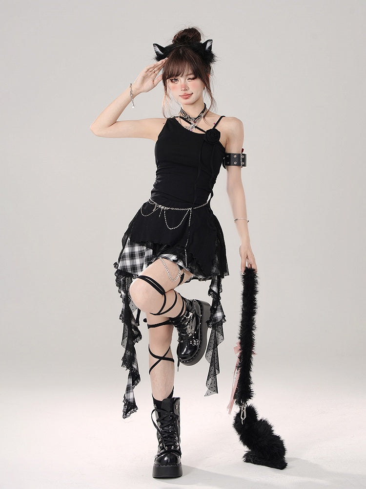- Rose Sleeveless Black Asymmetrical Shoulder Accent Top