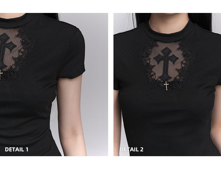 Schwarzes T-Shirt in Sargform mit ausgeschnittener Kreuz-Applikation