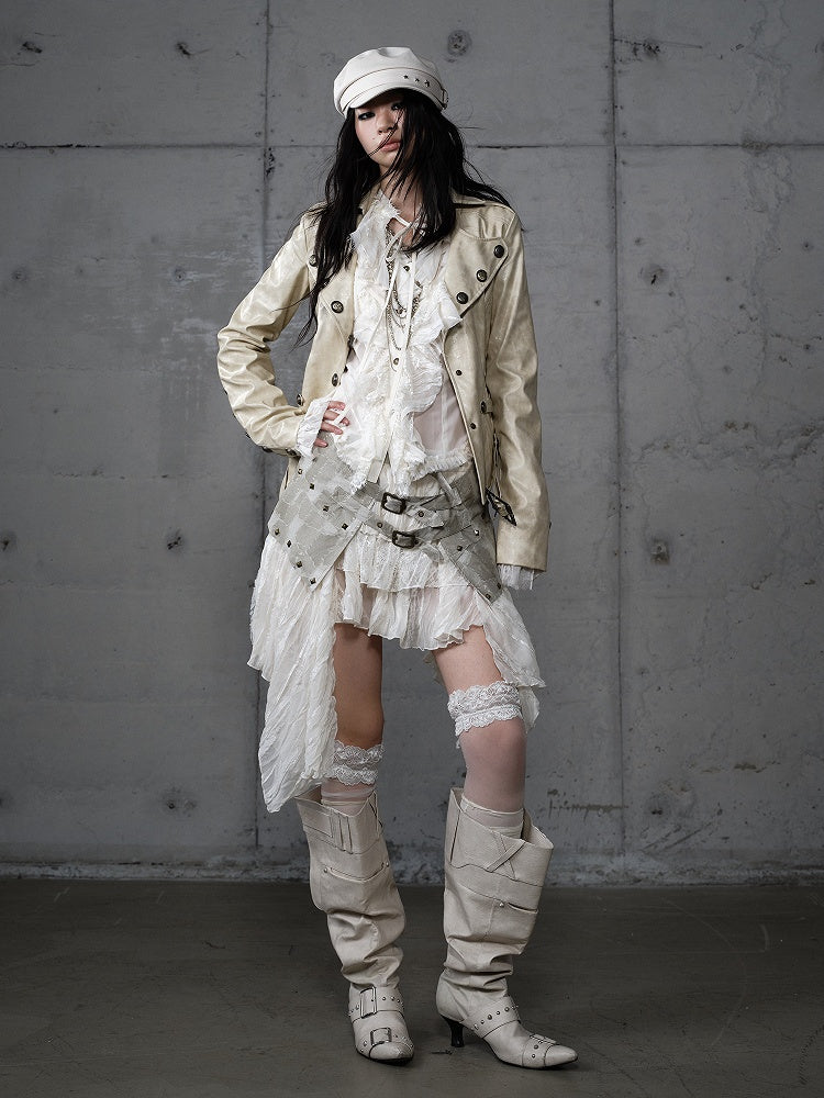 Yellow Belt Rose Jacket with Punk Buckle Embroidery Cropped Tailored Khaki