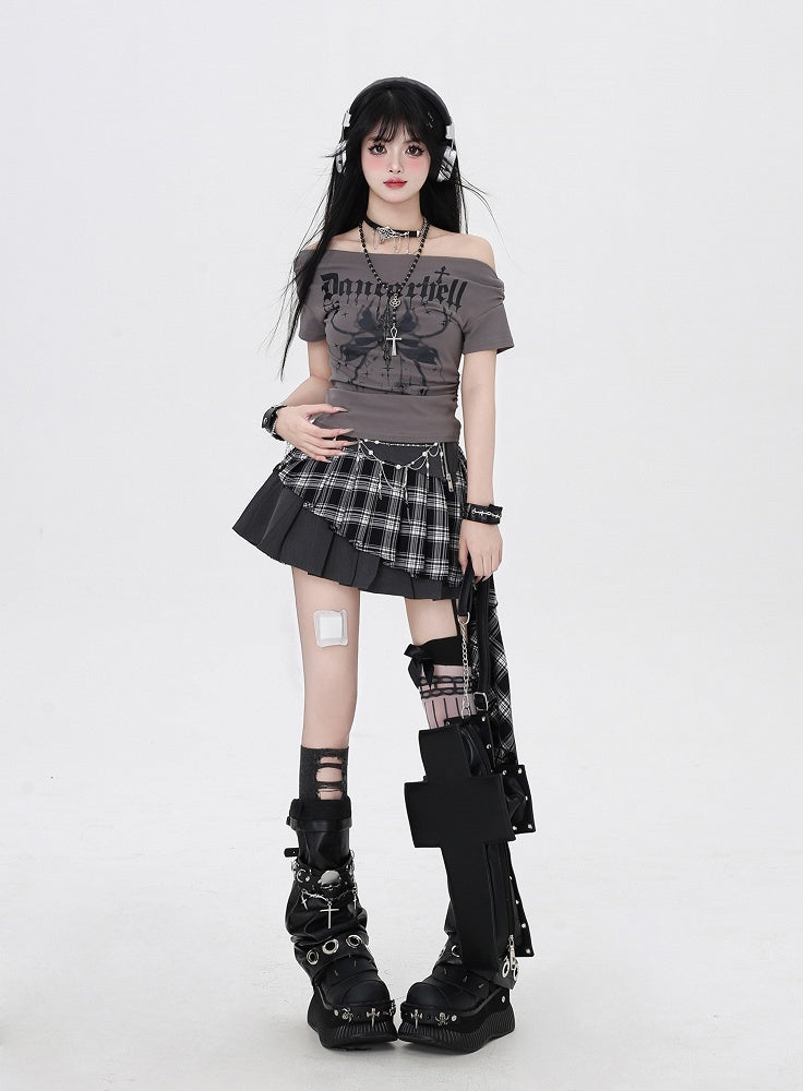 Hem Gray Plaid Asymmetrical Pleated Skirt