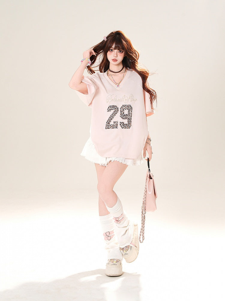Pink Beaded Letter Leopard Pattern Number V-Neck T-Shirt