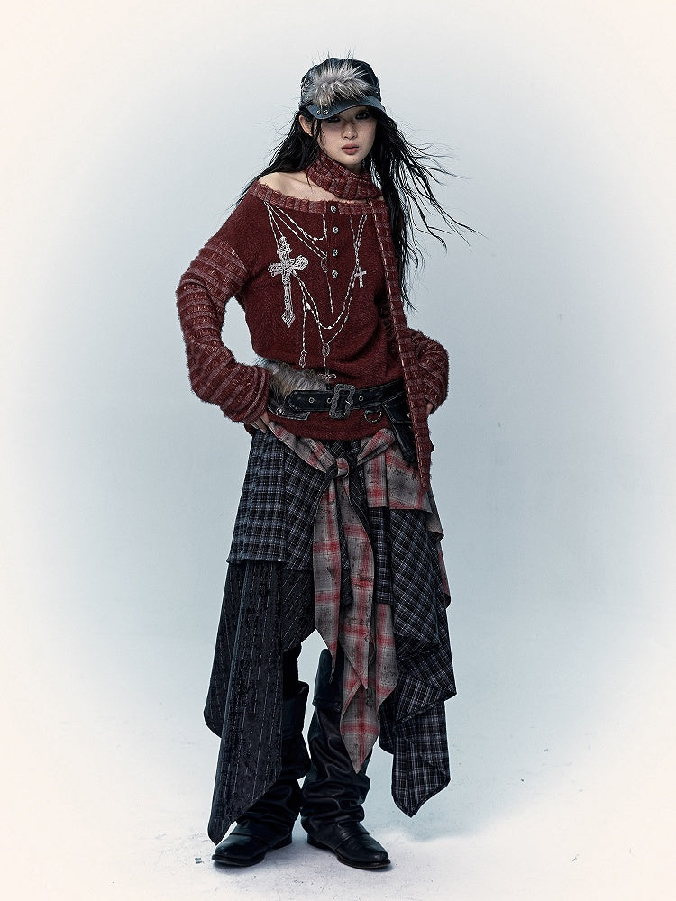 Schwarz-rot karierter Rock mit Taschentuchsaum im Used-Look