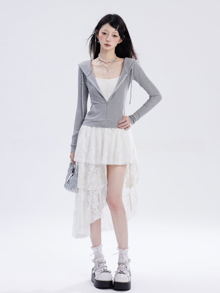 Waist and White Asymmetrical Waistline Lace Hem Slip Dress with Chain Free