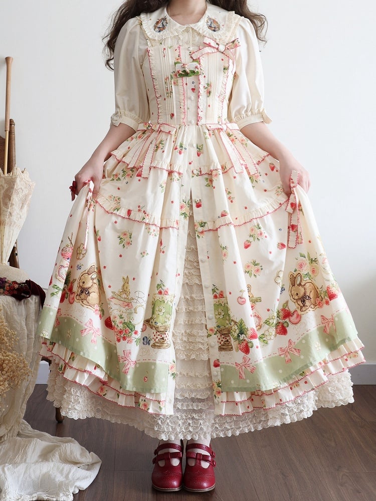 Bunny Lolita Green Dress Print Hemline Fashion House Pink Floral and