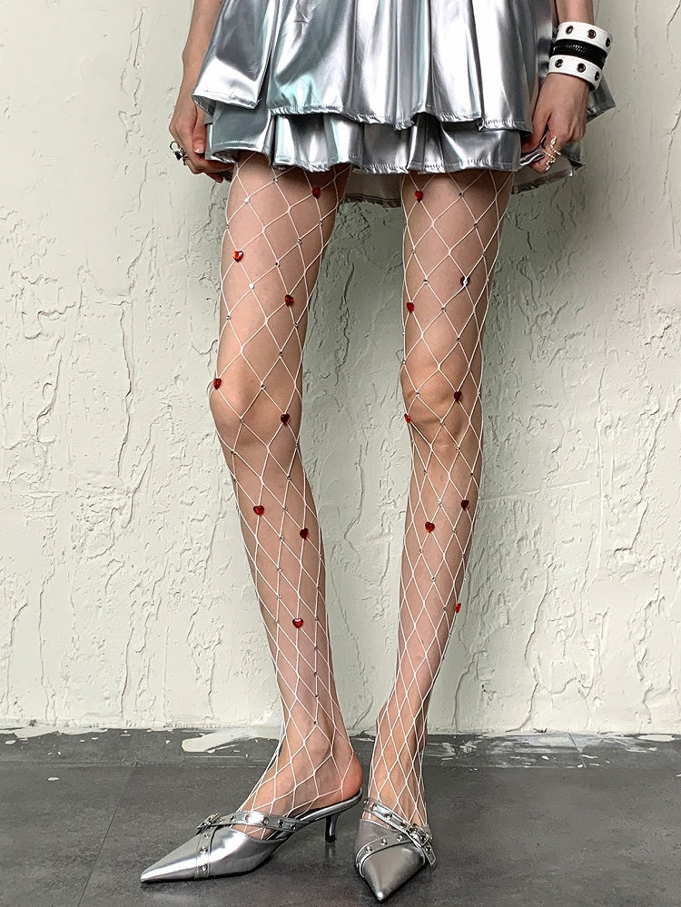 Herzverzierte Y2K Strumpfhose mit Strassdetails, Weiß/Schwarzes Netz