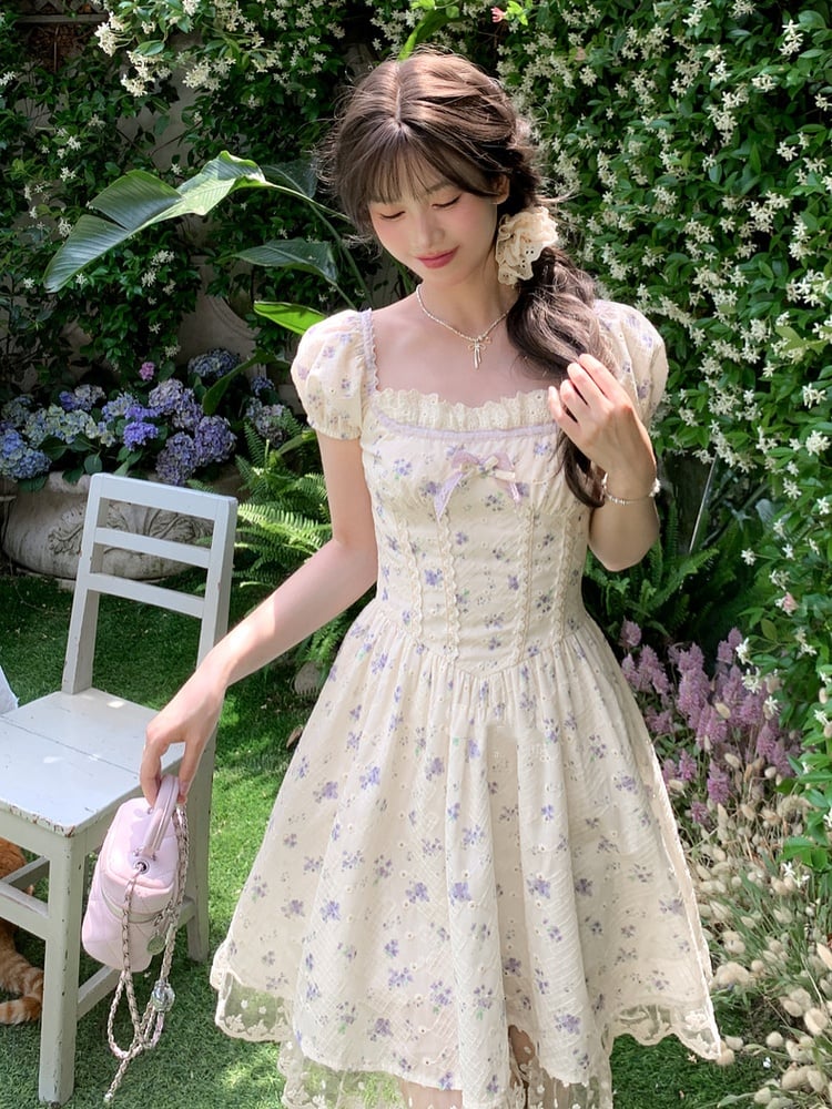 Kei Floral Dress Mori Beige Square Neckline and Short Puff Sleeves