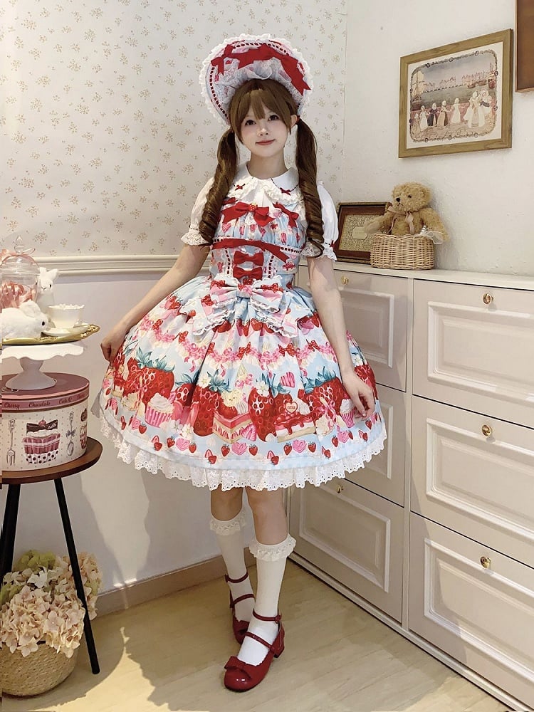Lolita Blue Strawberry Sweet Dessert and Print Dress