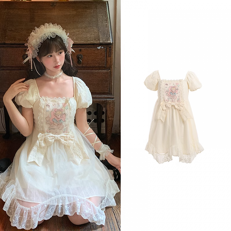 Sweet Fairy Tale Print Apricot Square Puff Short Casual Bow Big Lolita Dress Waist Neckline Sleeves and