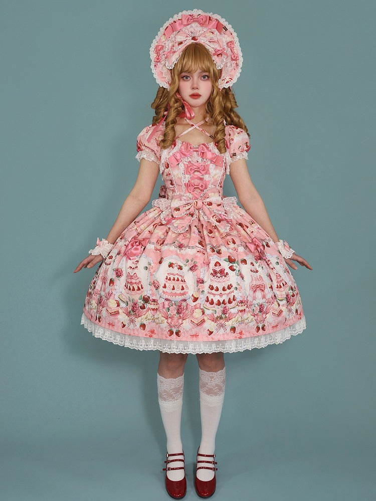 Dress Bow / Print Strawberry Lolita Full Cake Accents Sweet Pink Set