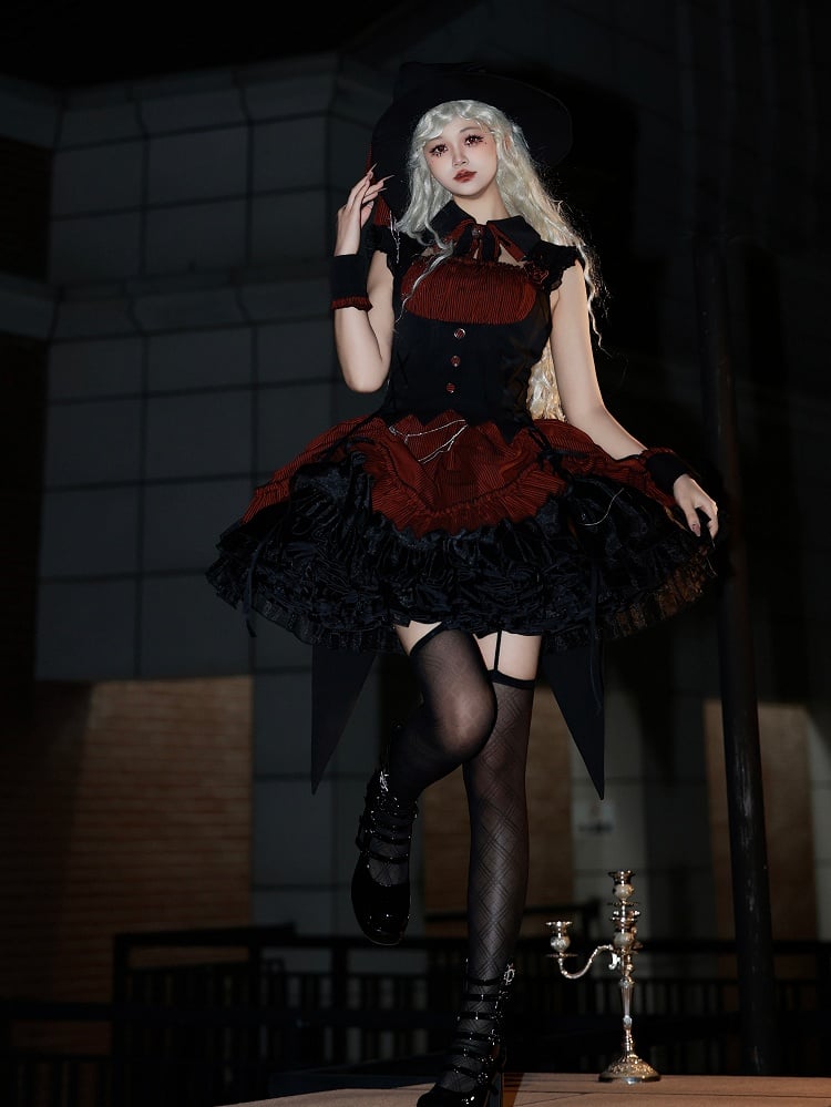 Lolita Halloween Gothic Kordelzug mit schwarzem Muster und Taille, gestreiftes rotes Kleid