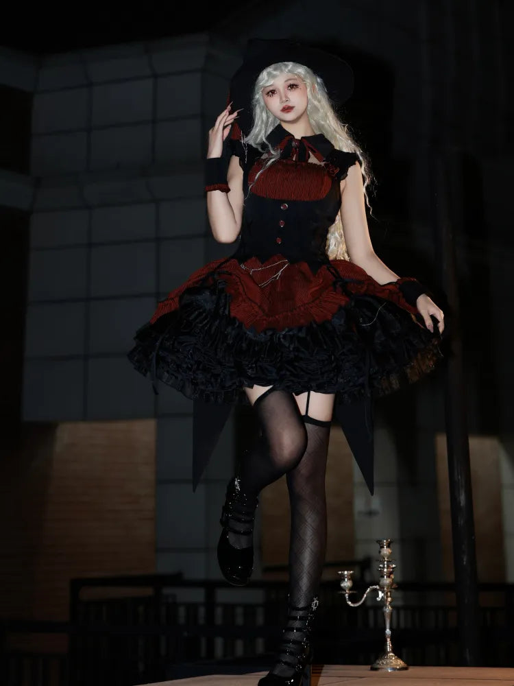 Red and Black Boned Waist Drawstring Striped Pattern Hem Halloween Gothic Lolita Dress