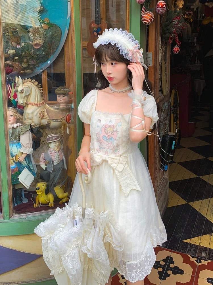 Sweet Fairy Tale Print Apricot Square Puff Short Casual Bow Big Lolita Dress Waist Neckline Sleeves and
