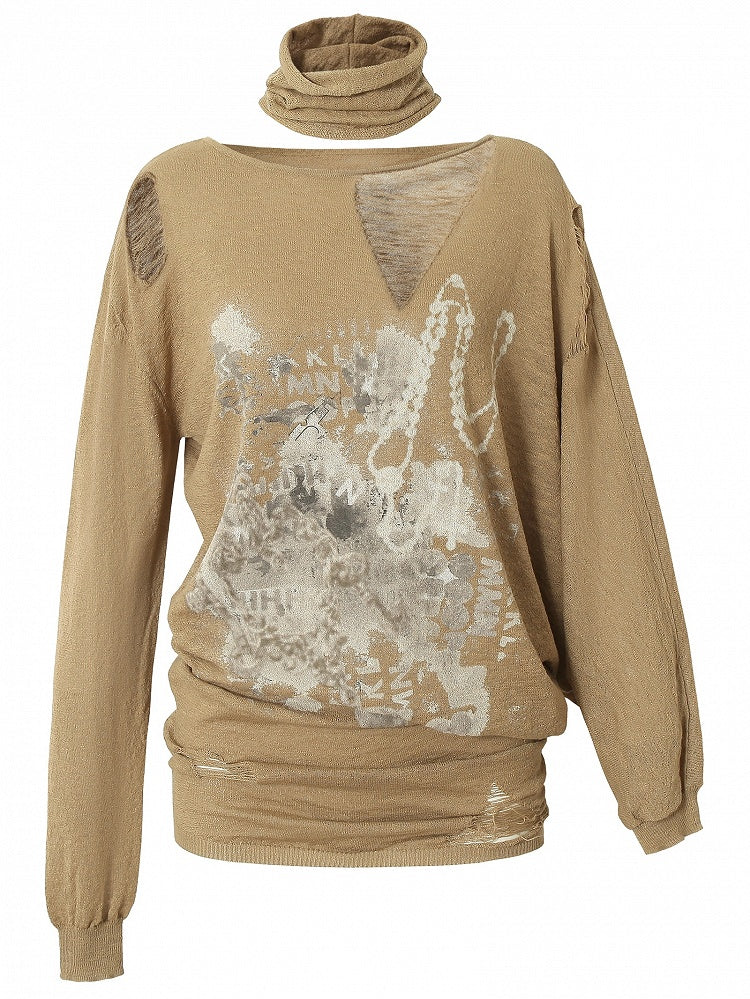 Distressed Beige/Khaki Top Neckline Punk Asymmetrical Sun Protection Wasteland Holes