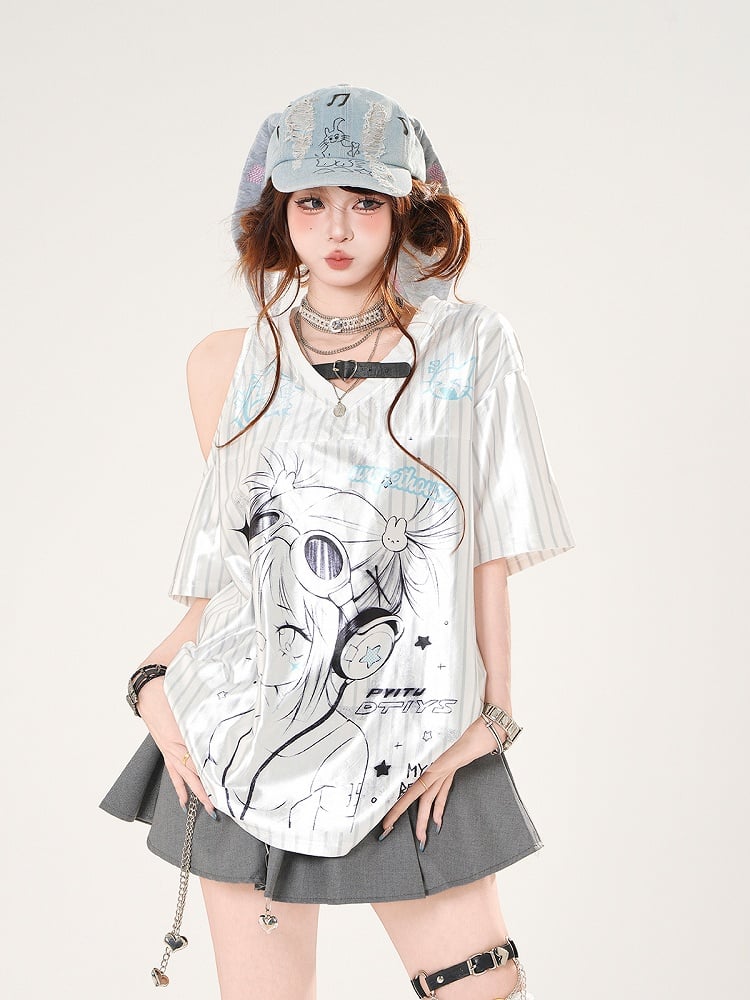 Satin-T-Shirt mit Anime-Mädchen-Print und ausgeschnittenen Schultern, weißes Muster, gestreifter V-Ausschnitt