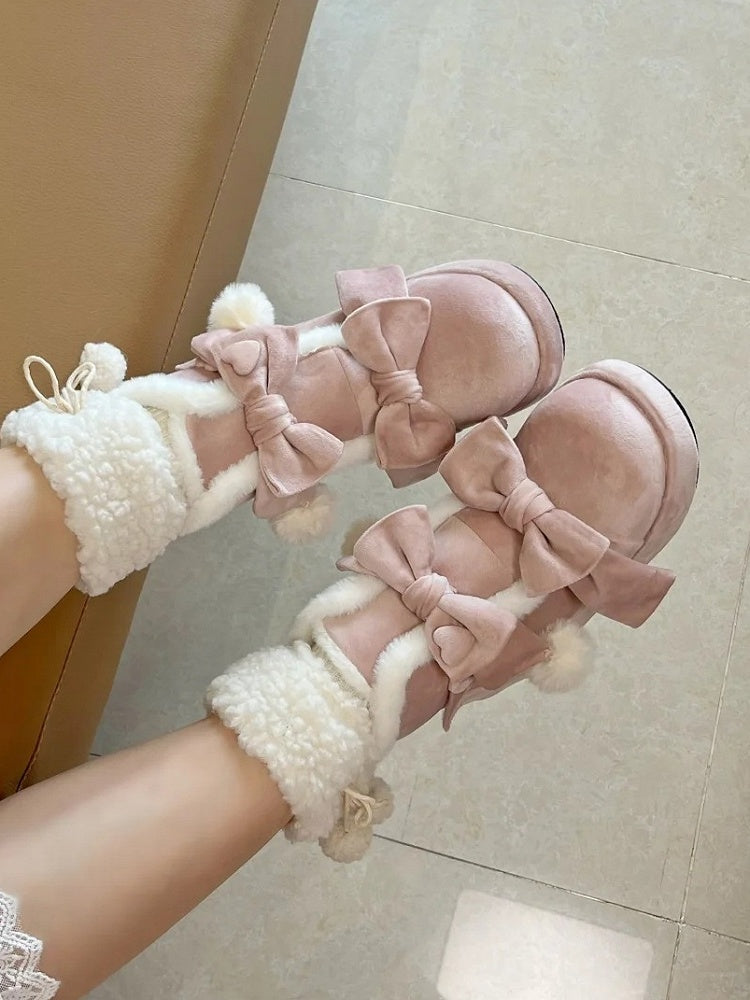 - Lolita Süße Plateaustiefel Pompon Winter Charm Pink