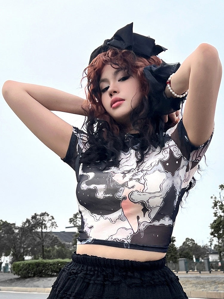 Print Cartoon Top Gyaru Sleeves Black Short Fashion