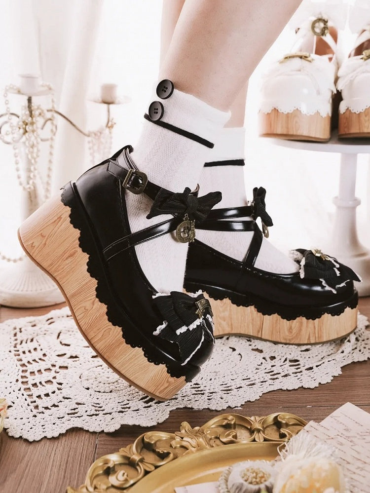 Sweet Toe Bow Charm Uhr - Schwarze runde Lolita Plateau-Akzente