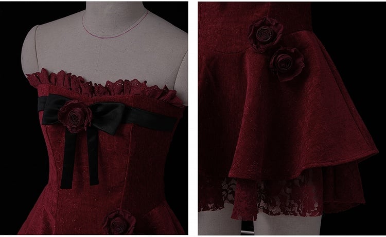 Roses Embellishments Christmas Wine Red Strapless Dress with Plush Shawl Set