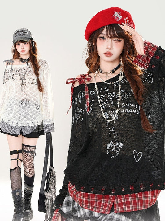 Asymmetrical Neckline Puppy Print Beige/Black Hem Plaid