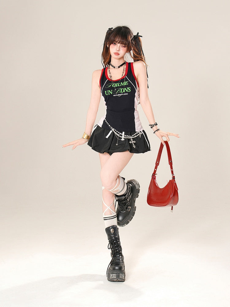 Design Letter Print Tank Top Navy Blue Colorblock