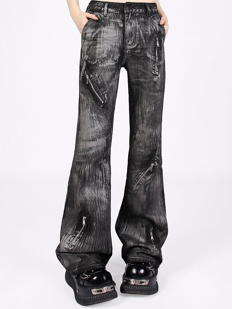 Vintage Punk Graffiti Black Low-Rise Jeans with Asymmetrical Zipper Design