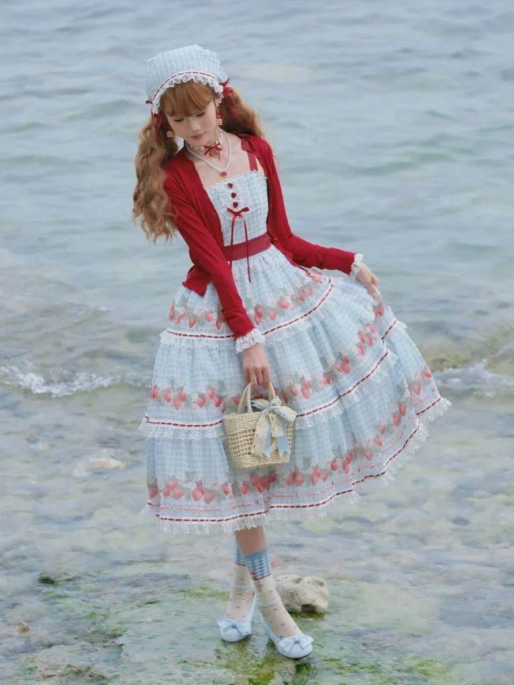 ストロベリープリントのブルーロリータギンガムドレス、スイートサマーロリータジャンパースカート