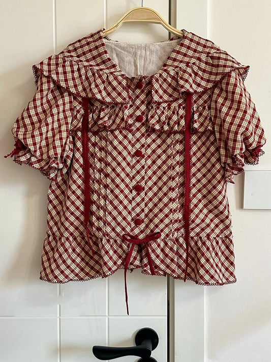 Bluse Rot mit Kapuze Muster Kurze Lolita Ärmel Plaid
