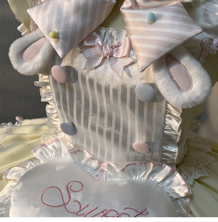 Theme Pink Yellow and Sleeves Puff Lolita Maid Sweet Bunny Dress