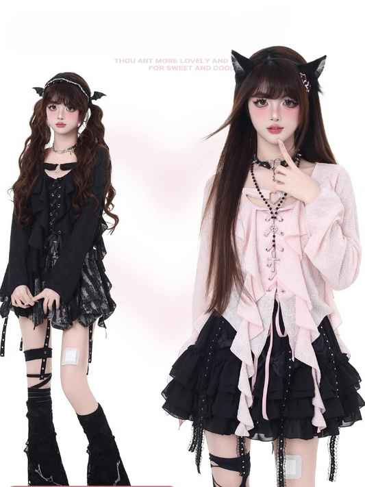 Asymmetrical Ruffled Placket Hem Chiffon Top Pink Lace-up Black/Light