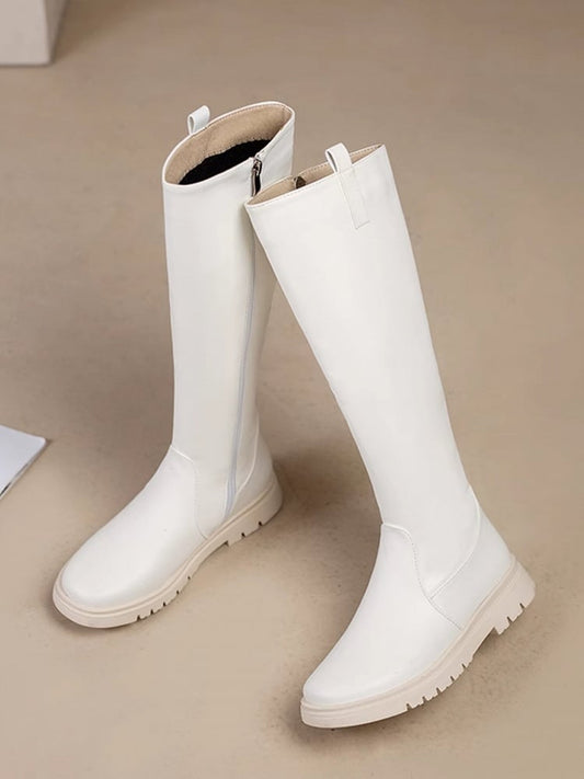 Verschluss: Weiße kniehohe Stiefel mit Reißverschluss, normale/dicke PU-Version, Lederinnenseite mit -