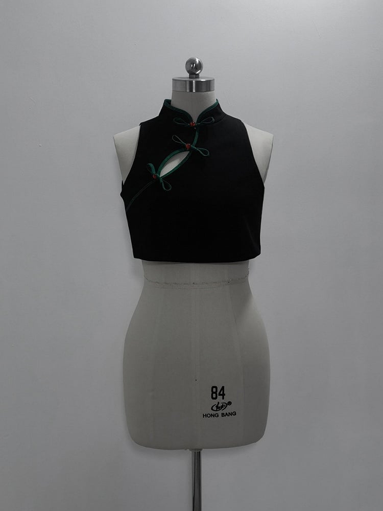 Cropped Top Collar Cheongsam Vest Black