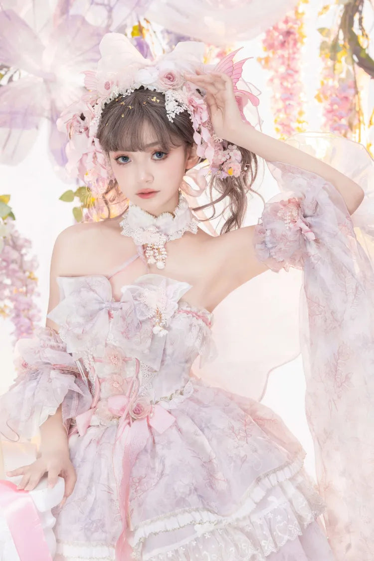 Pink Princess Fairy Floral Design Set Full Butterfly and JSK Dress Lolita Flower