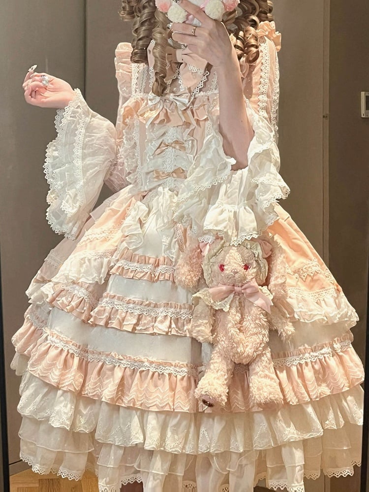 Piece Pink Bowknots Skirt Hime Lolita Dress Sweet Bell Sleeves Layered Bodice on One