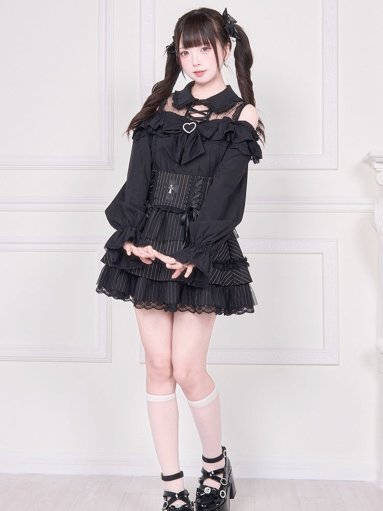 and Detail Long Top Illusion Sleeve Blouse Shoulder Jirai with Black Open Neckline Kei